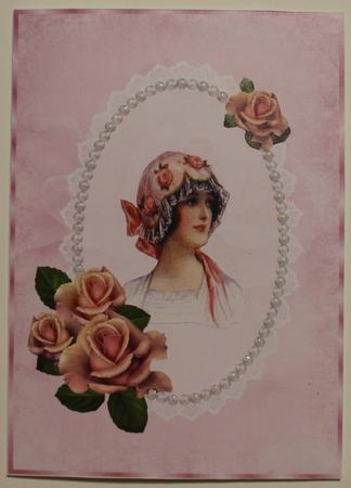 Pink Antique Rose, Lace and Pearl Card Front by Taina Kankare