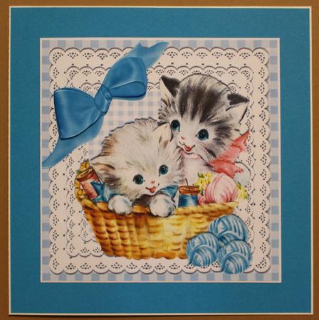 Kittens in a Basket with Balls of Wool and Cotton 8x8 by Taina Kankare