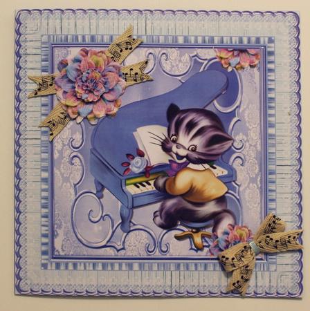 Kitty Playing the Blue Piano with Flowers 8x8 by Taina Kankare