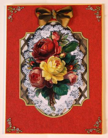 Pretty Vintage Yellow/red Roses on Lace on Lattice Frame by Taina Kankare
