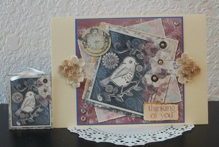 6 x 6 Card Front, Woodcut Effect Bird, Shabby/Handcrafted Violet/Indigo by Teddi Phillips