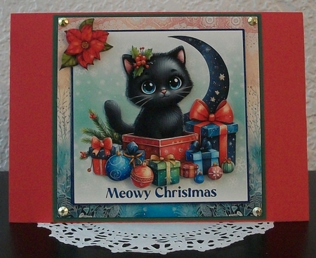 Black Cat Christmas 7 x 7 Inch Card Front with Decoupage and Insert and Gift Tag by Teddi Phillips