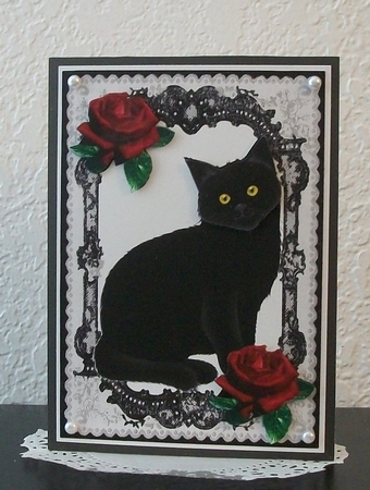 Black Cat in Black Cat in Lace Frame with Red Roses A4 by Teddi Phillips