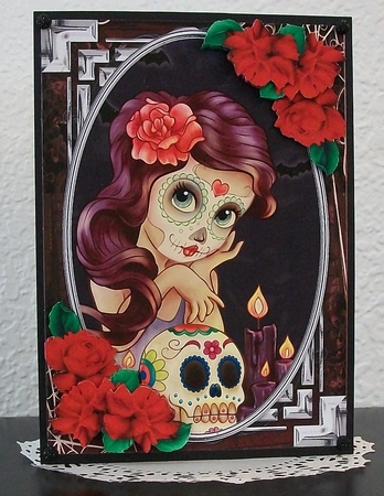 Sugar Skulls Card Front with Roses by Teddi Phillips