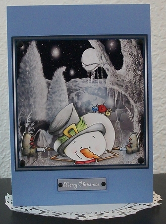 Snowman chilin out 7x7 card with decoupage and sentiment tags by Teddi Phillips