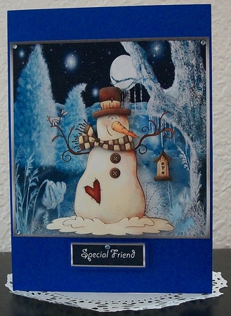 Quiet snowman in the moonlight 7x7 card by Teddi Phillips