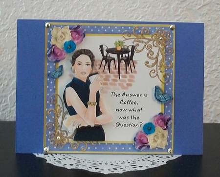 Funny female coffee themed birthday card topper for 6x6 card by Teddi Phillips
