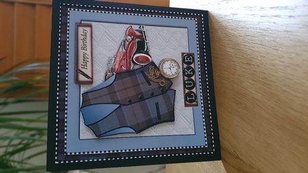 Male birthday card with Outlander style tartan waistcoat,pocket watch and vintage car topper for 6x6 card by xt farr