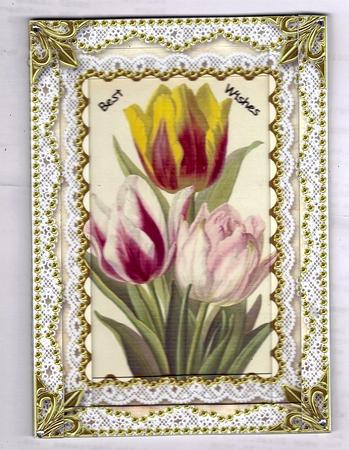 Tulip Trio Spiral Edge Stacker 7x5in Card Front by Teresa Savin