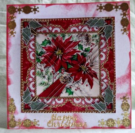 Red Poinsettias Vintage Lace Mini 4in Triangle Stacker by Teresa Savin