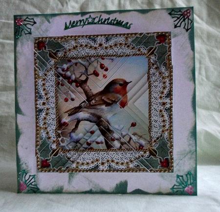 Christmas Robin 1 Vintage Lace Mini 4in Triangle Stacker by Teresa Savin