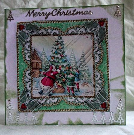 Santa Decorating Tree Vintage Lace Mini 4in Triangle Stacker by Teresa Savin