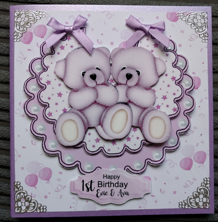 Gorgeous Little Pink Bears (twins) on Star Bib by Thelma Reynolds
