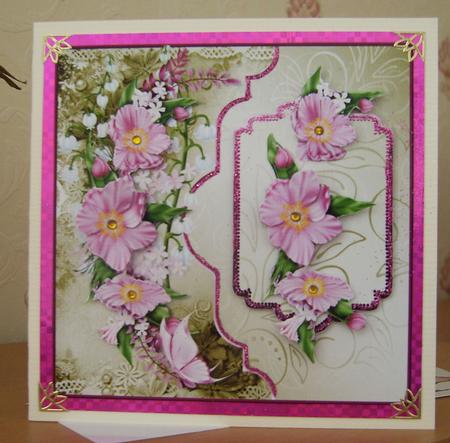 Pink Silk Flowers Card Front with Topper by Thelma Reynolds