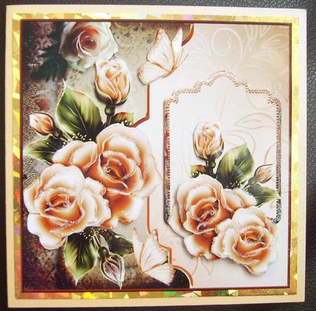 Peach Rose and Butterfly Flutter Card Front with a Topper An by Thelma Reynolds
