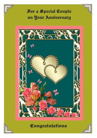 A4 Two Jeweled Hearts & Flowers on Dark Green Cyan by Therese Eke