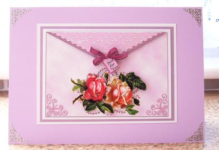 Pink Roses and Lace on Envelope Style Card Front by tina bing