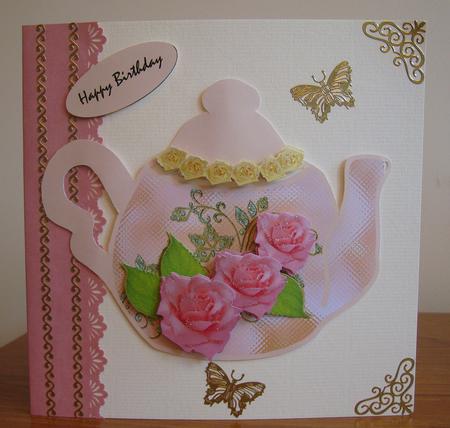 Tea Pot Shaped Topper with 3D Flowers in Apricot by tina bing