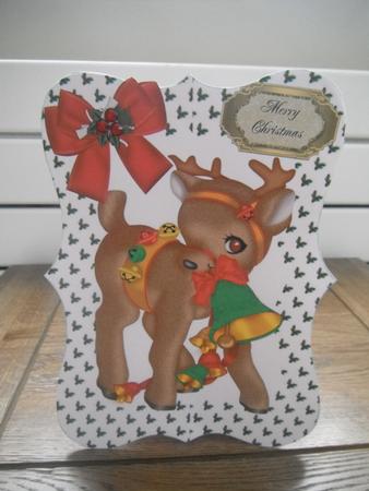 Little Reindeer with Bells, Holly and Bow Bracket Card by Tina Fair