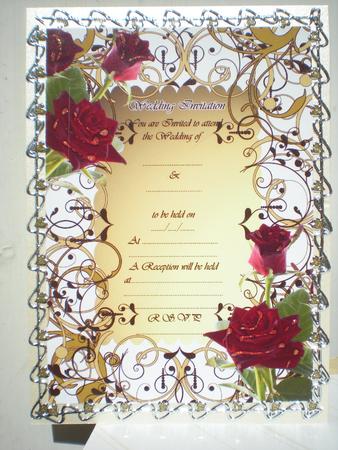 Wedding Invite Red Roses with Gold Red and Black Flourishes by Toni Marie Judd
