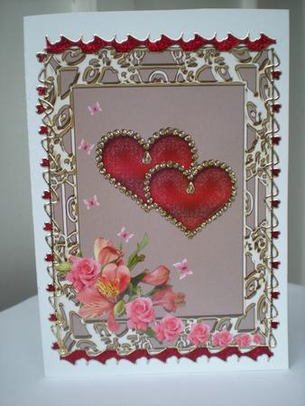 A4 Two Red Jeweled Hearts & Flowers on Light Brown by Toni Marie Judd