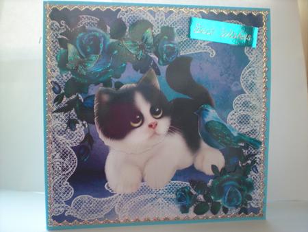 Cute Kitty with Little Bird and Roses 8x8 by Toni Marie Judd