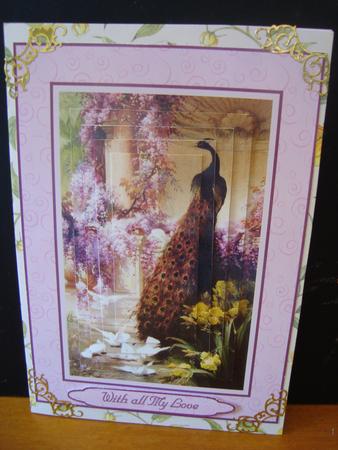 Peacock and Flowers Pyramid Card Front by Toni Marie Judd