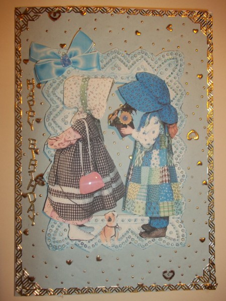 Cute Bonnet Girls with Puppy, A4 by Tracey Barrett