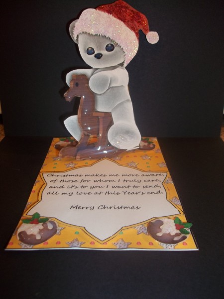 Plushie on Rocking Horse Mini Easel Card by Tracey Barrett