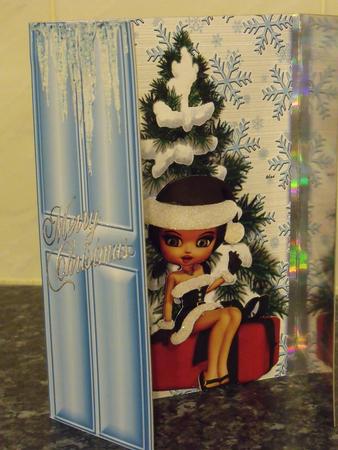 Little Lady in Santa Suit with Parcels Gatefold by Tracey Duckmanton