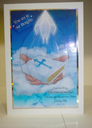 Bible in Hands with Light Sympathy Card by Tracey Duckmanton