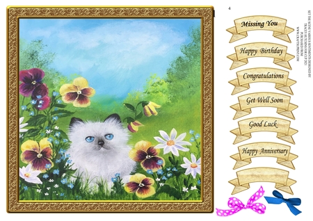 Cat with Pansies Original art for designer resources or card toppers by Tracey Hutchins