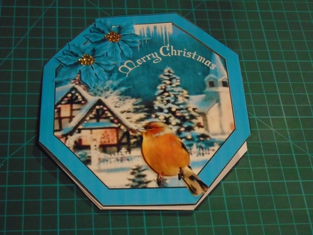 christmas snow scene with robin & turq poinsettias by Tracey Hutsby