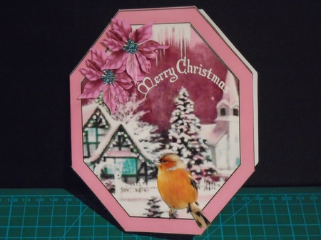 christmas snow scene with robin & pink poinsettias by Tracey Hutsby