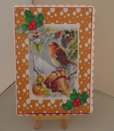 Robin in the snow with pyramids and holly A5 in  gold snow frame by Tracey Hutsby