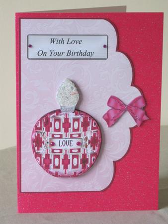 Pink & Silver Perfume Bottle Card Front by Tracey Hutsby