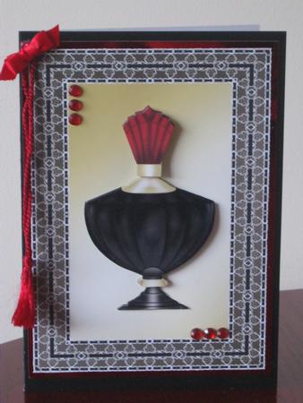 Perfume Bottle in Black Lace Frame - Blank Card by Tracey Hutsby