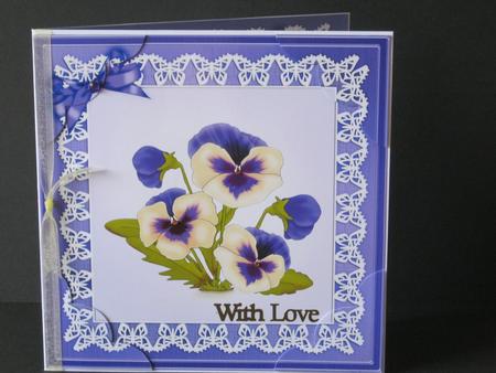 8 x 8 Pansy on Butterfly Lace Scalloped Corner Topper by Tracey Hutsby