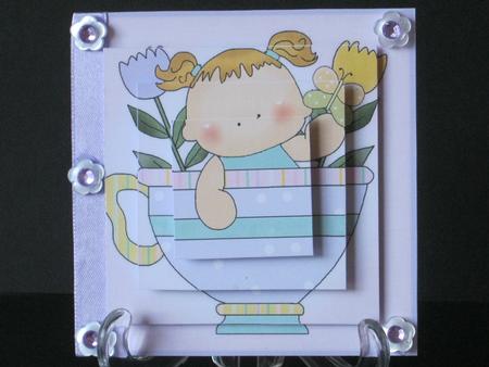 Teacup Girl with Butterflies & Flowers 4x4 Quick Card by Tracey Hutsby