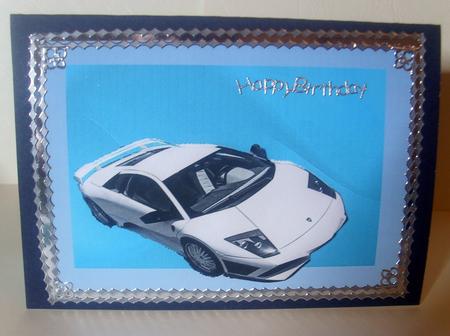 White Lamborghini on Blue/green Background Decoupage by Tracey Richardson