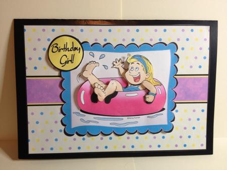 Inner Tube Girl - A5 Decoupage Card - Mauve, Pink & Blue by Tracey Richardson