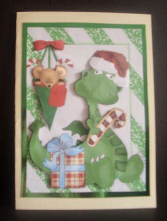 Little Dragon in Santa Hat with Cheeky Mouse in a Cone A4 by Tracey Richardson