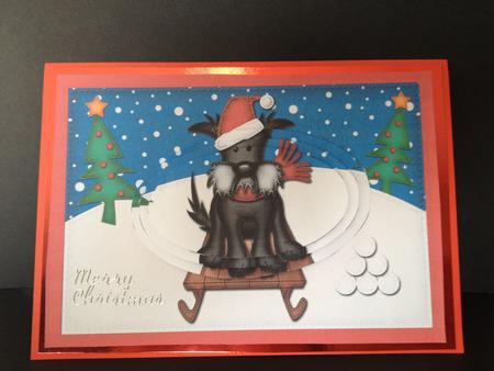 A5 Xmas Sledging Hamish Dog Oval Pyramage Topper by Tracey Richardson