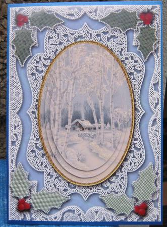 Christmas Snow Cottage A5 Lace Card Front Step by Step by Tracey Drage-Baillie