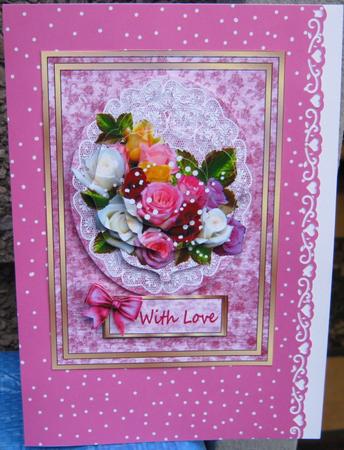 Rose Bouquet and Lace on Pink and Gold - Card Front/topper by Tracey Drage-Baillie