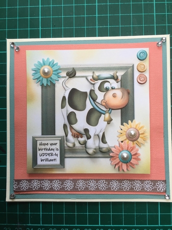 Cute Cow 6x6 Decoupage Card - Peach, Aqua and Yellow by Tracy Leitch