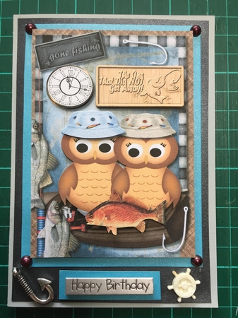 Male Card Gone Fishing Owls by Tracy Leitch