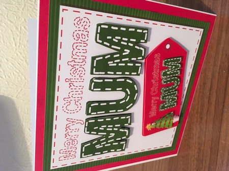 Square Stitched 'merry Christmas Mum' Card - Green with Red by Tracy Morley
