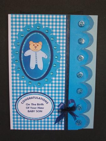 Blue Gingham Baby Son Card by Tracy Priddle