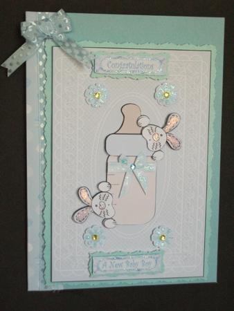 Baby Boy Bunny Bottle Card Front by Tracy Priddle